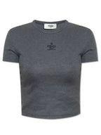 Fendi Embroidered Logo Crop Cotton Short Sleeve T-Shirt Grey