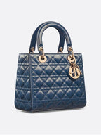 Lady Glossy Cannage Medium Calfskin Tote Bag Blue Dior