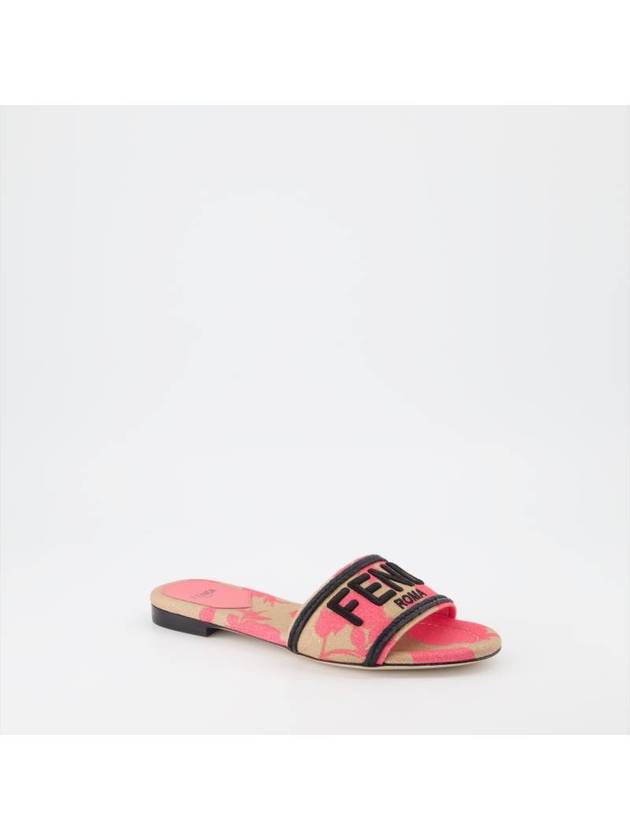 Fendi Rose Print Embroidered Logo Canvas Slide Slippers Pink