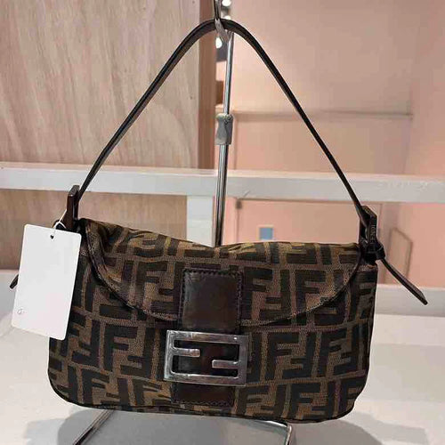 Fendi Zucchino Double Flap Baguette Shoulder Bag, Brown Canvas & Leather
