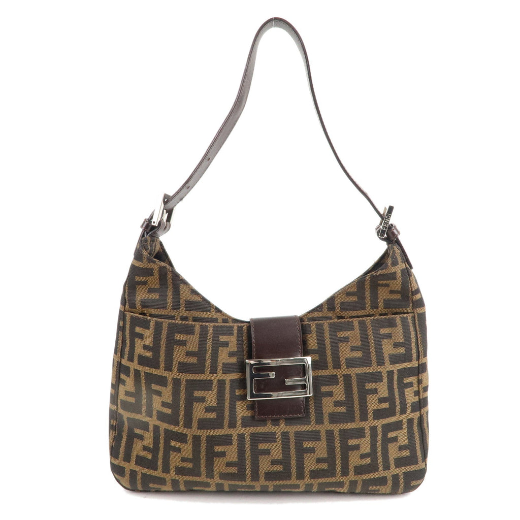 FENDI Zucca Canvas Leather Shoulder Bag Brown Black 26569