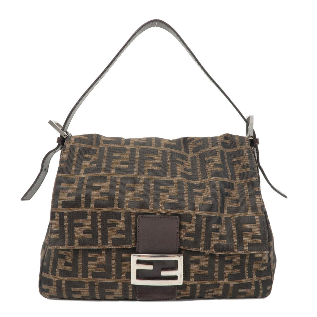 FENDI Mamma Baguette Zucca Canvas Leather Shoulder Bag Brown