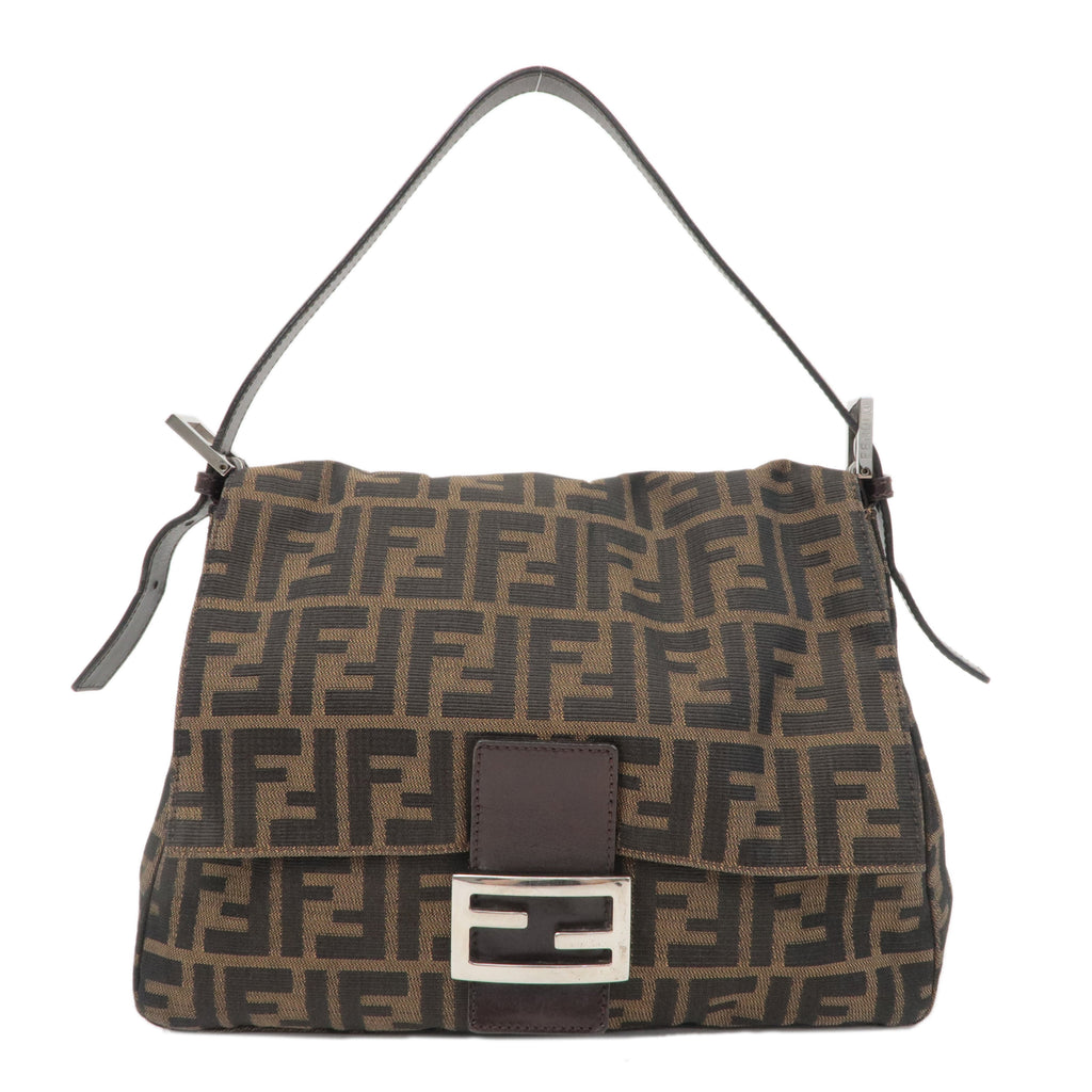 FENDI Mamma Baguette Zucca Canvas Leather Shoulder Bag Brown