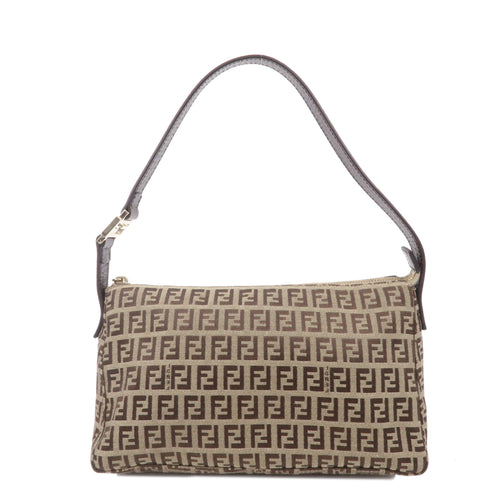 FENDI Zucchino Canvas Leather Shoulder Bag Beige Brown 8BR444