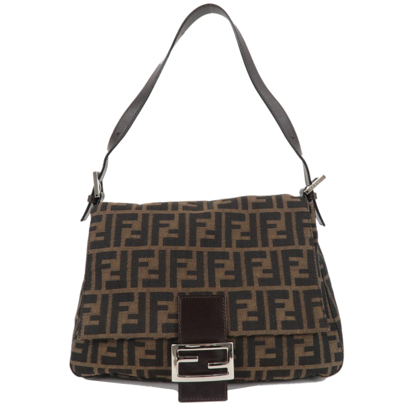 FENDI Zucchino Mamma Baguette Canvas Leather Bag Brown Black 26325