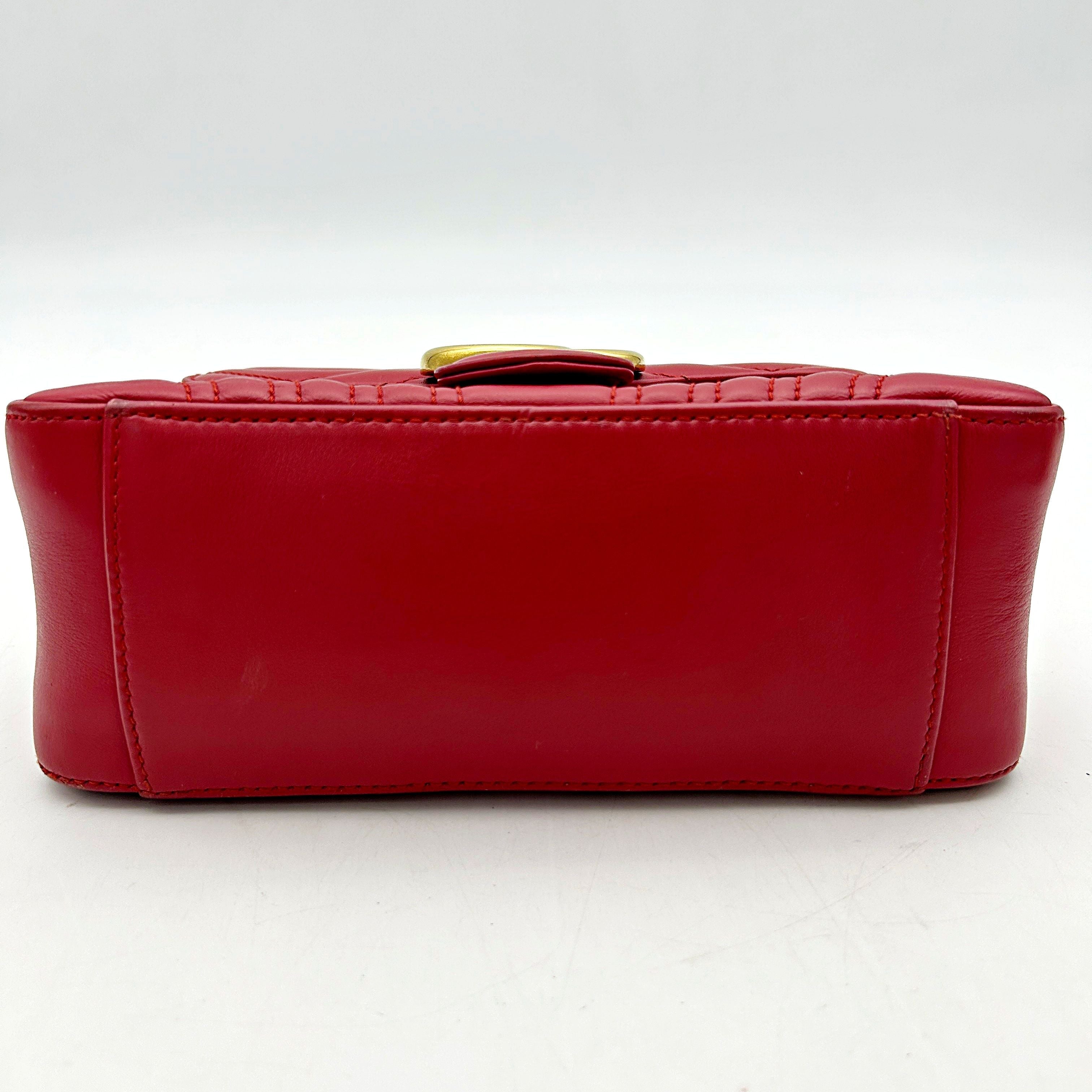 GUCCI Calfskin Matelasse Mini GG Marmont Top Handle Shoulder Bag Hibiscus Red LA24179