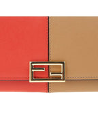 Fendi FF Continental Chain Leather Long Wallet Brown Red