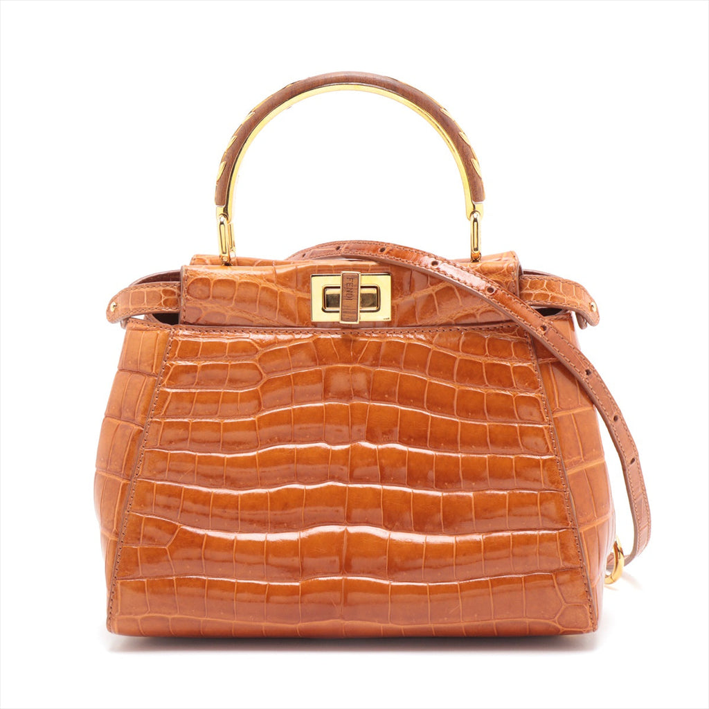 Fendi Mini Peekaboo Croco 2WAY Handbag Brown 8BN244
