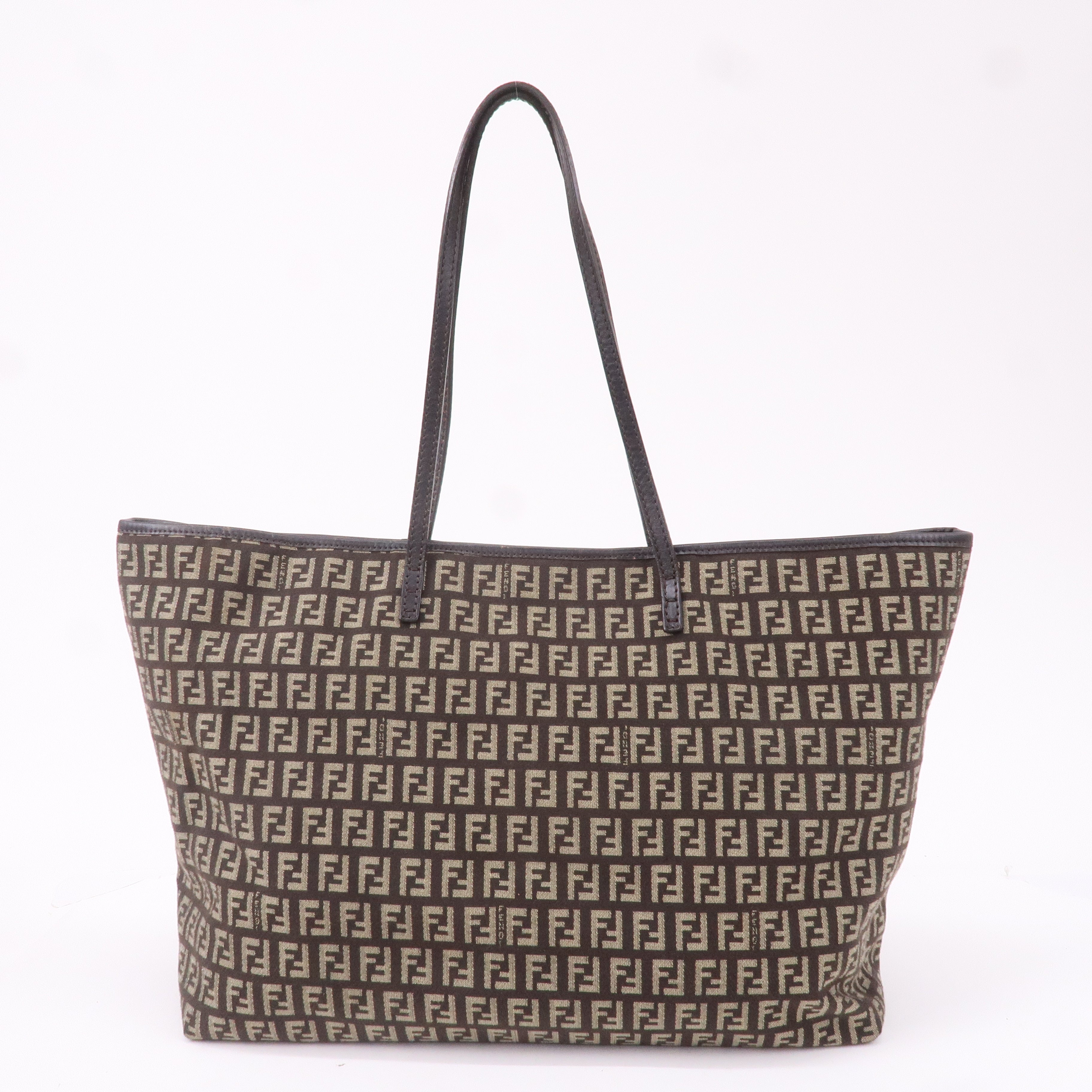 FENDI Zucchino Canvas Leather Tote Bag Beige Brown 8BH104