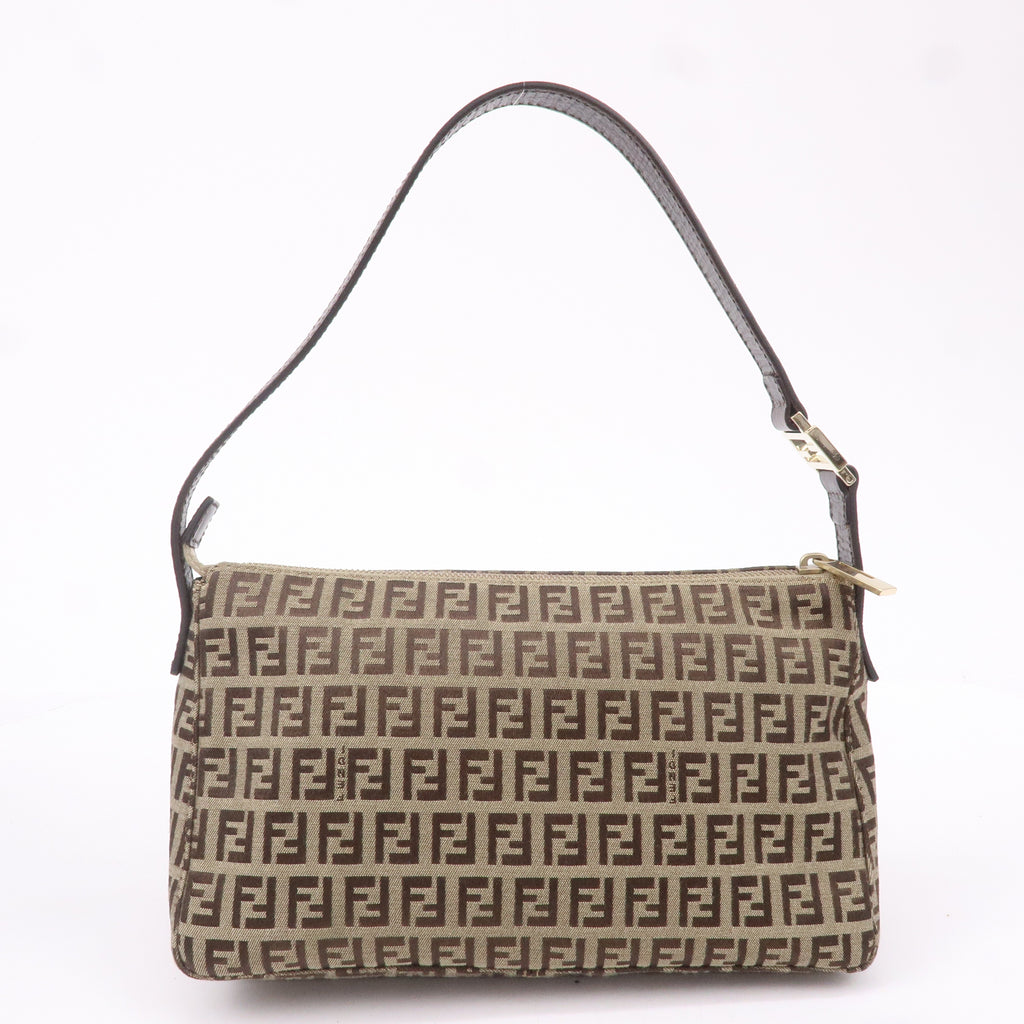 FENDI Zucchino Canvas Leather Shoulder Bag Beige Brown 8BR444