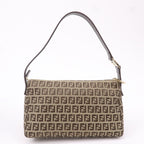FENDI Zucchino Canvas Leather Shoulder Bag Beige Brown 8BR444