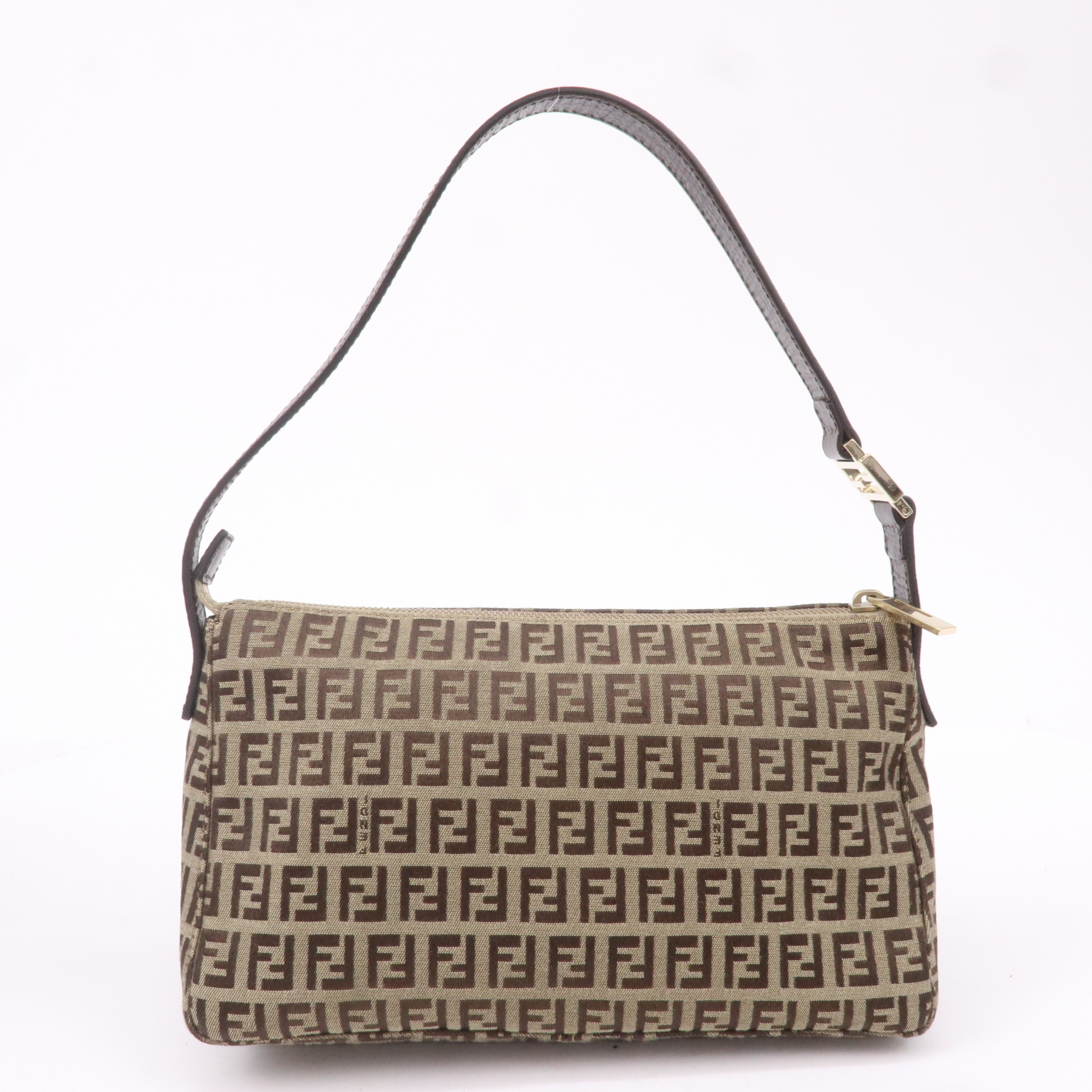 FENDI Zucchino Canvas Leather Shoulder Bag Beige Brown 8BR444