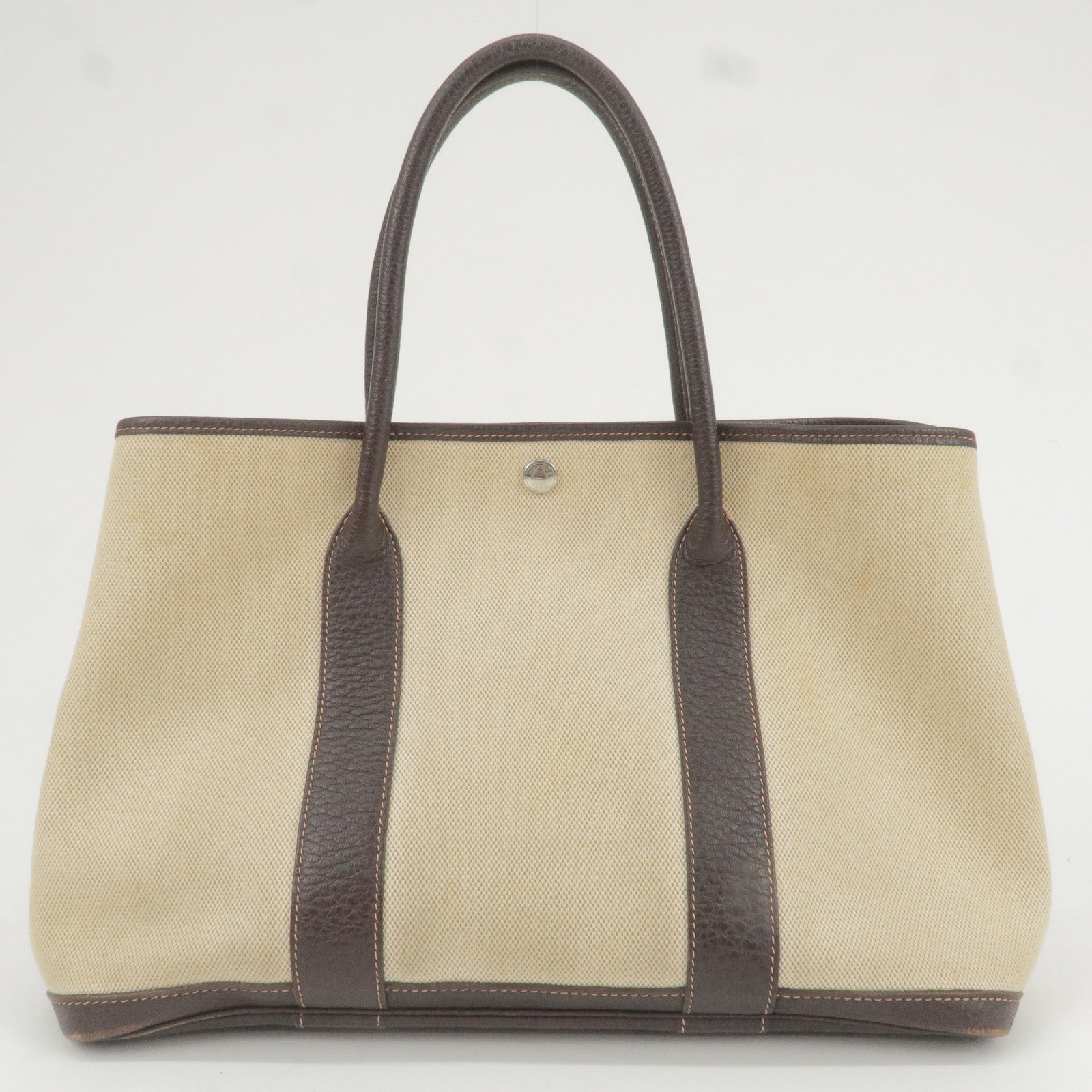 HERMES Canvas Leather Garden Party PM Tote Bag Beige G Stamp