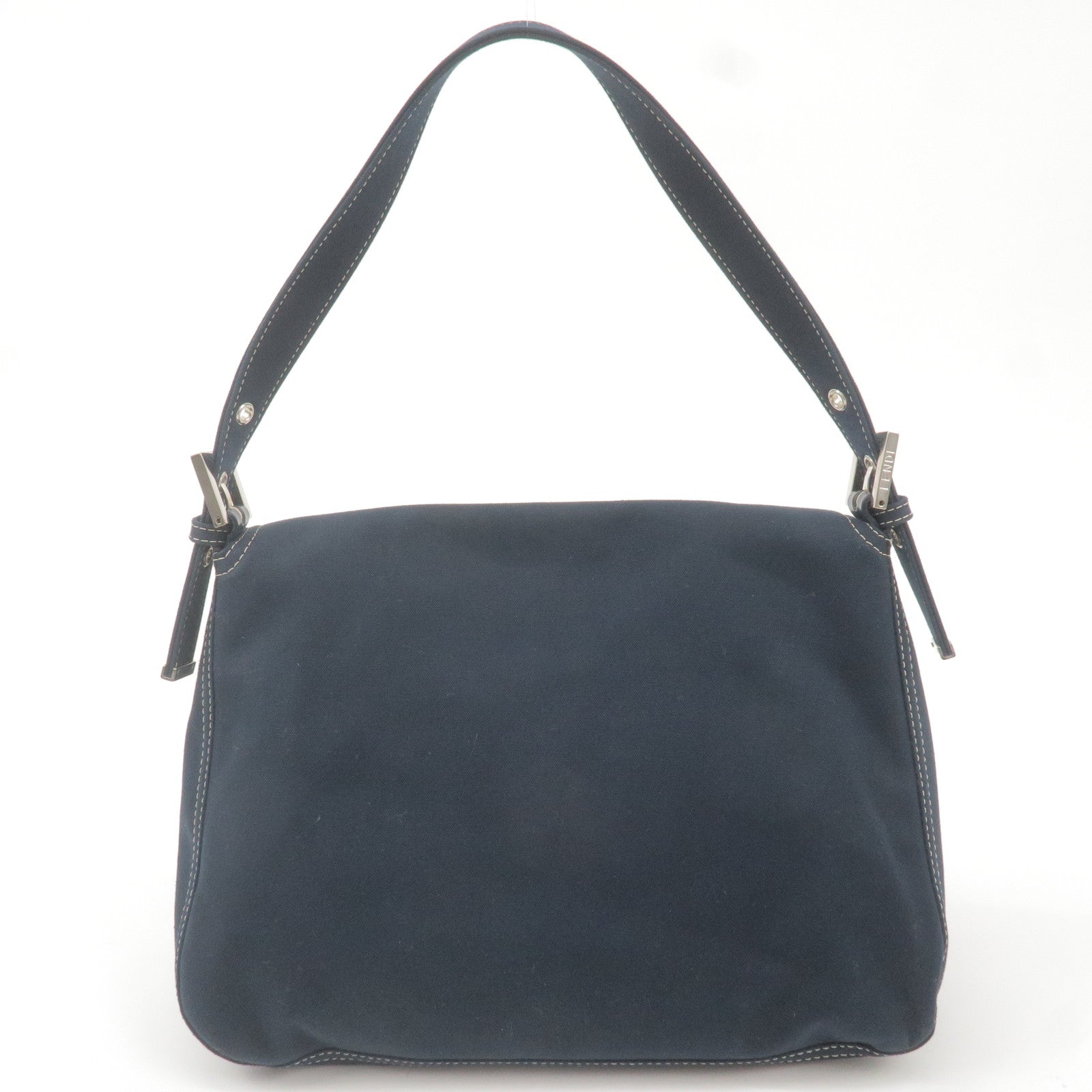 FENDI Mamma Baguette Canvas Leather Shoulder Bag Navy 26325
