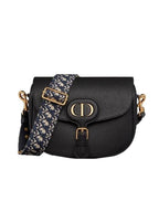 Bobby Grained Calfskin Oblique Embroidered Strap Large Shoulder Bag Black Dior