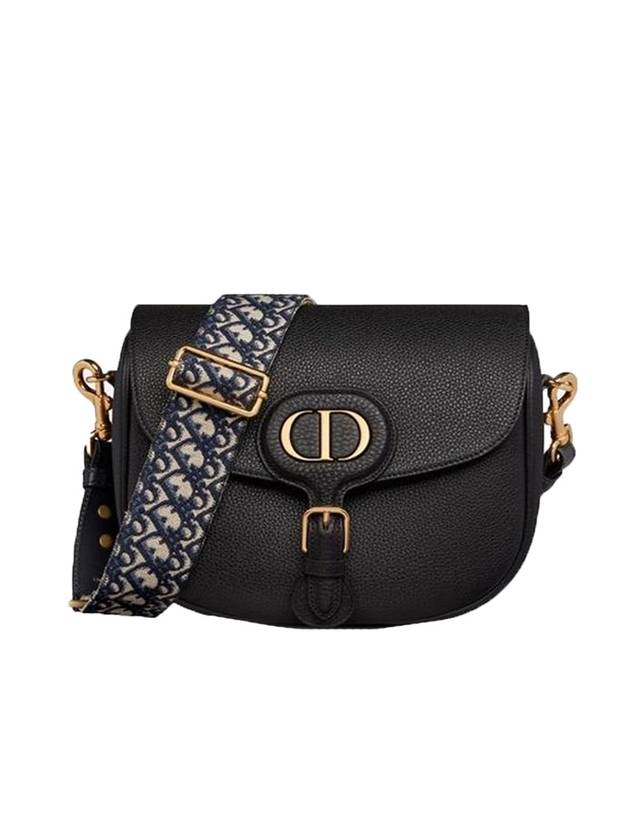Bobby Grained Calfskin Oblique Embroidered Strap Large Shoulder Bag Black Dior
