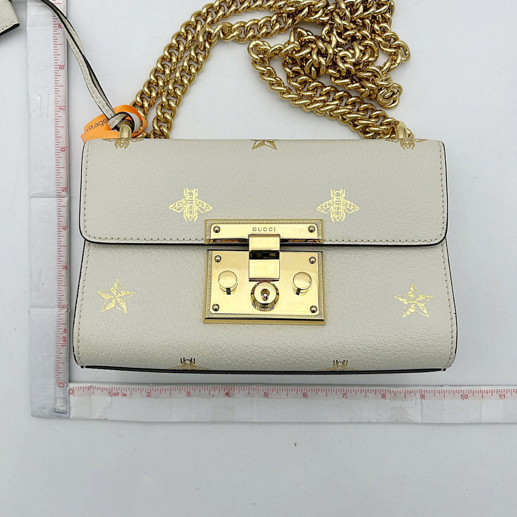 GUCCI Grained Calfskin Bee Star Small Padlock Shoulder Bag White  2506222502