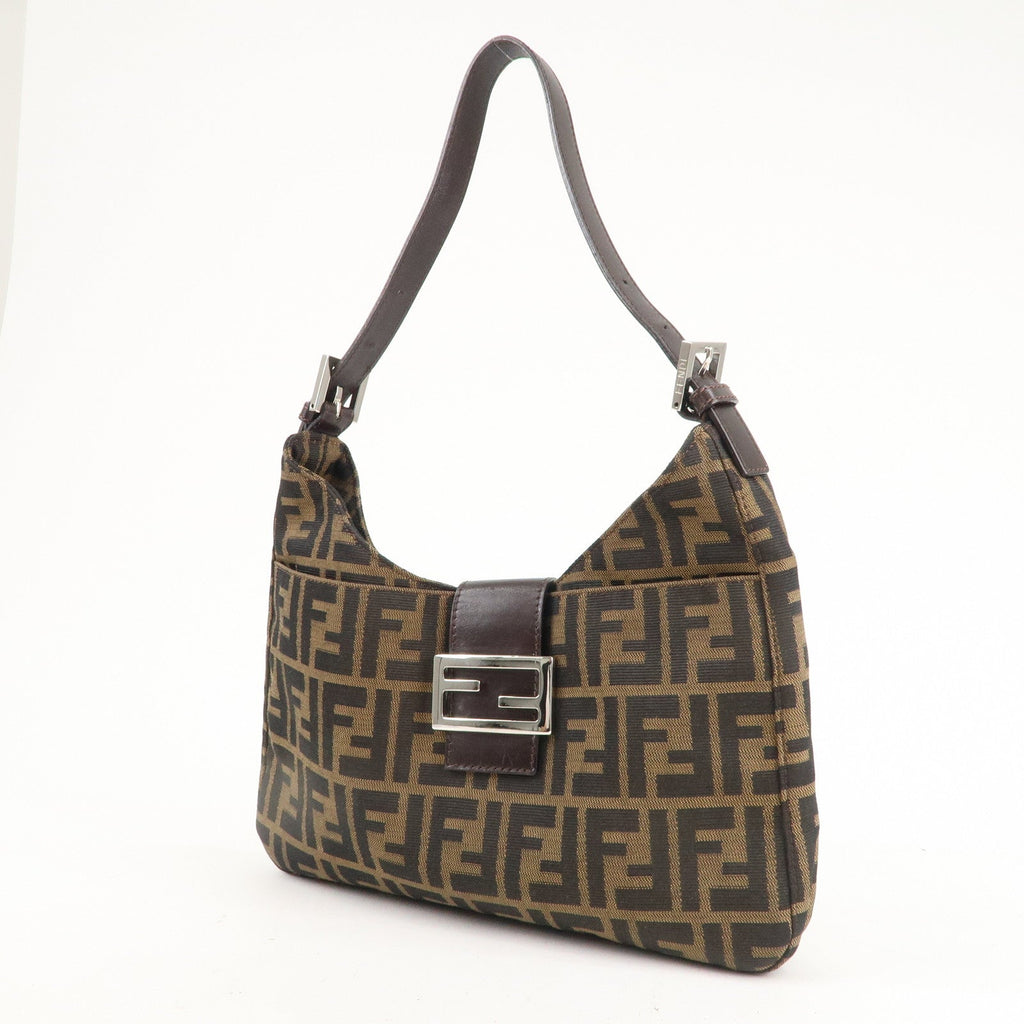 FENDI Zucca Canvas Leather Shoulder Bag Brown Black 26569