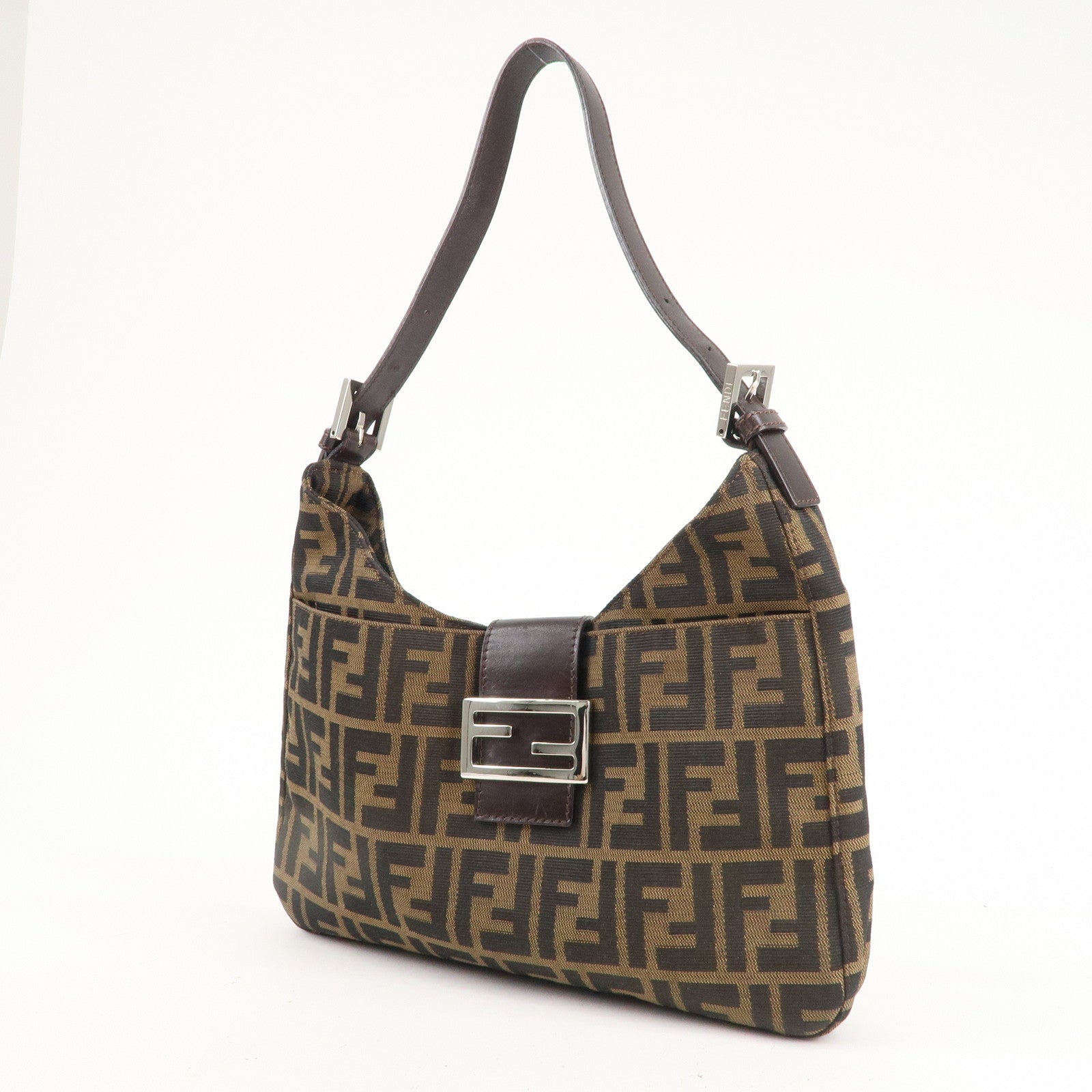 FENDI Zucca Canvas Leather Shoulder Bag Brown Black 26569