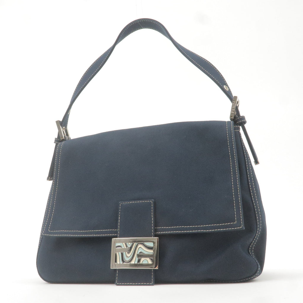FENDI Mamma Baguette Canvas Leather Shoulder Bag Navy 26325