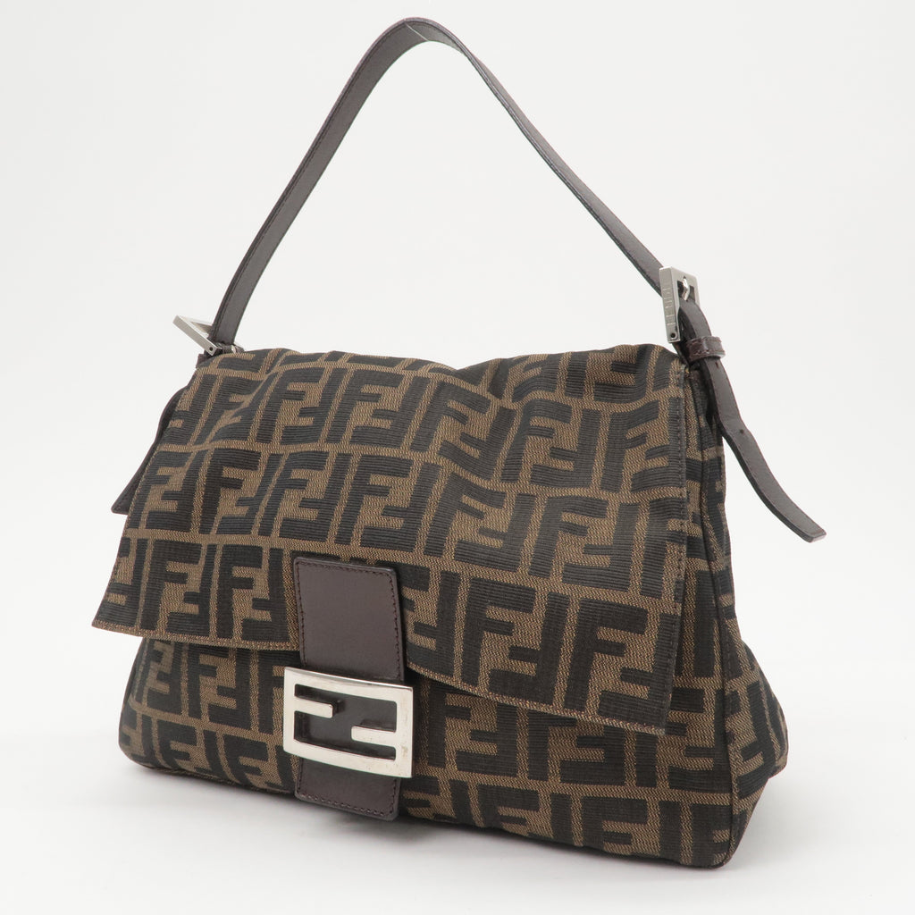 FENDI Mamma Baguette Zucca Canvas Leather Shoulder Bag Brown