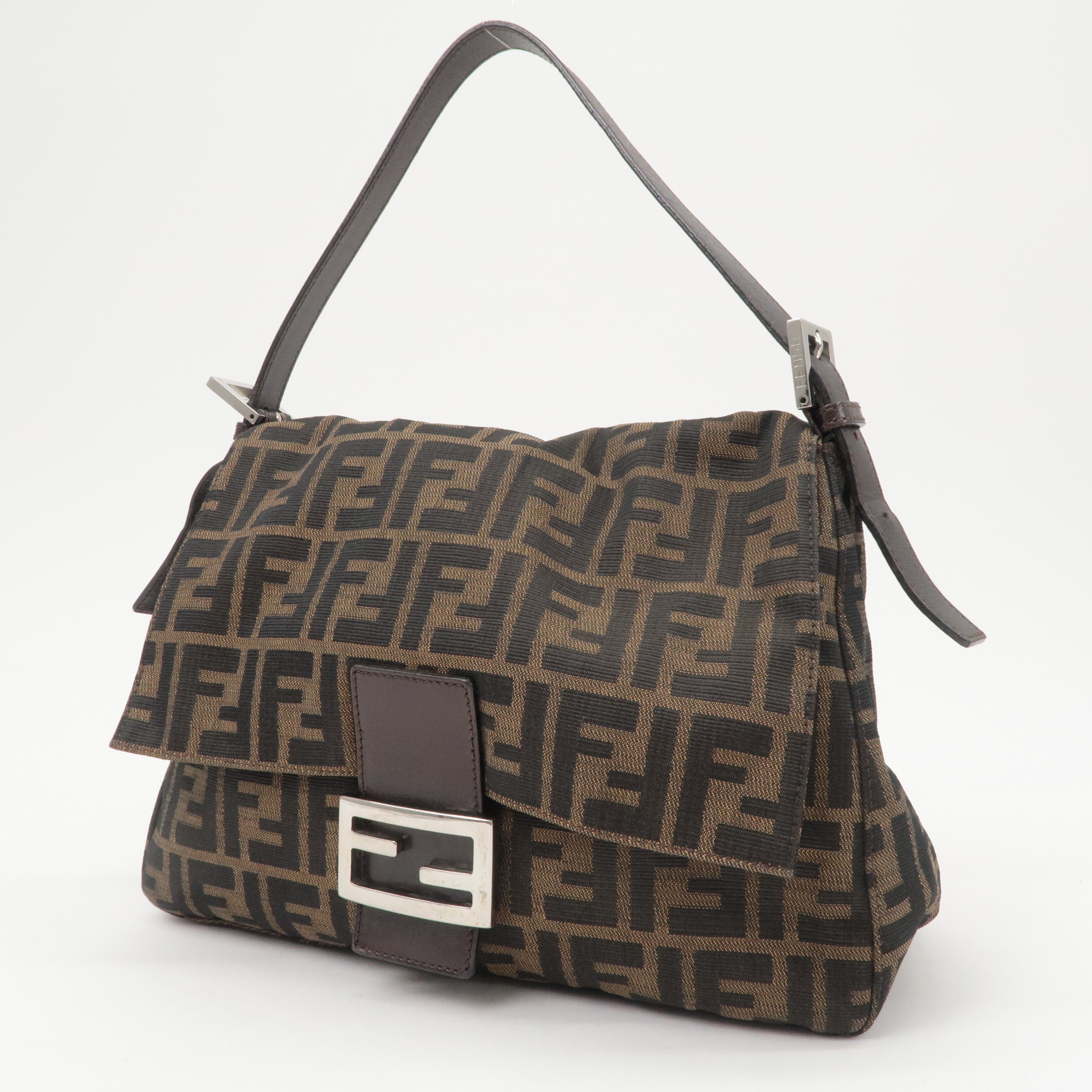 FENDI Mamma Baguette Zucca Canvas Leather Shoulder Bag Brown