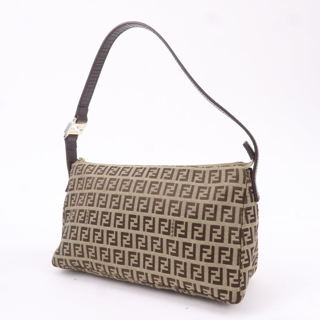 FENDI Zucchino Canvas Leather Shoulder Bag Beige Brown 8BR444
