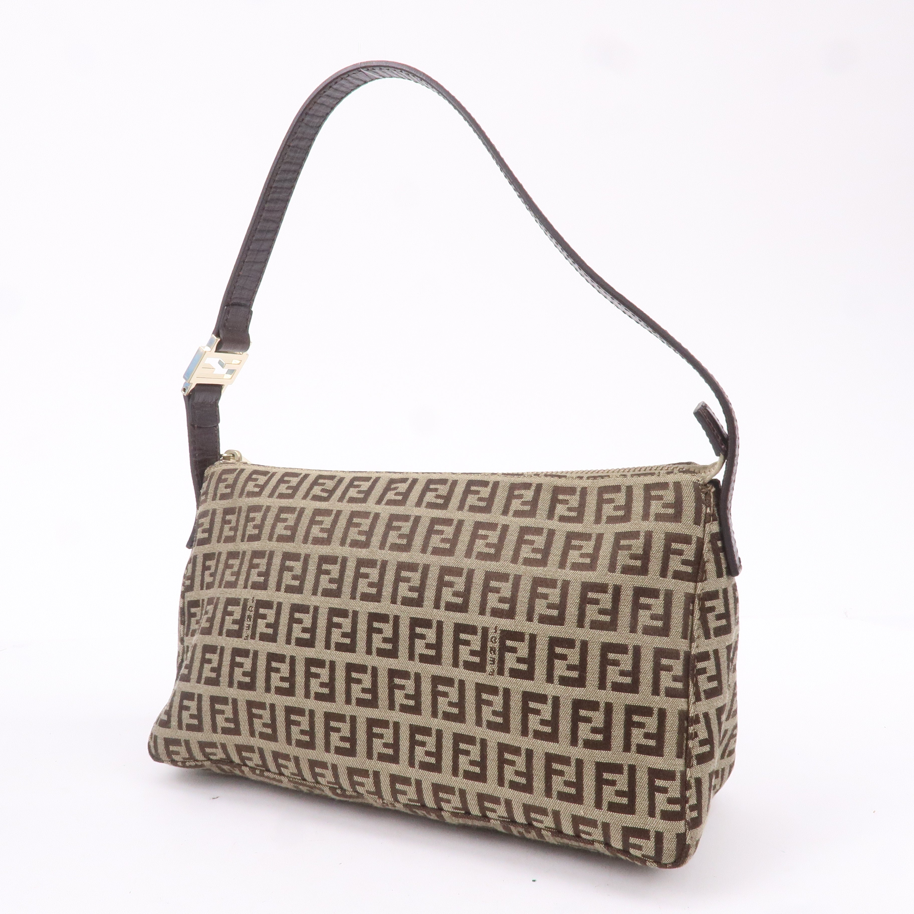 FENDI Zucchino Canvas Leather Shoulder Bag Beige Brown 8BR444