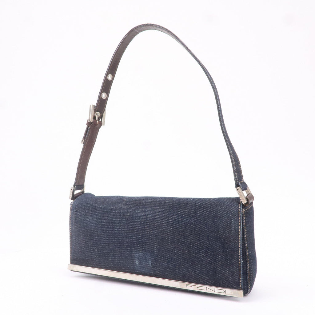 FENDI Denim Leather Shoulder Bag Hand Bag Navy Brown 26640