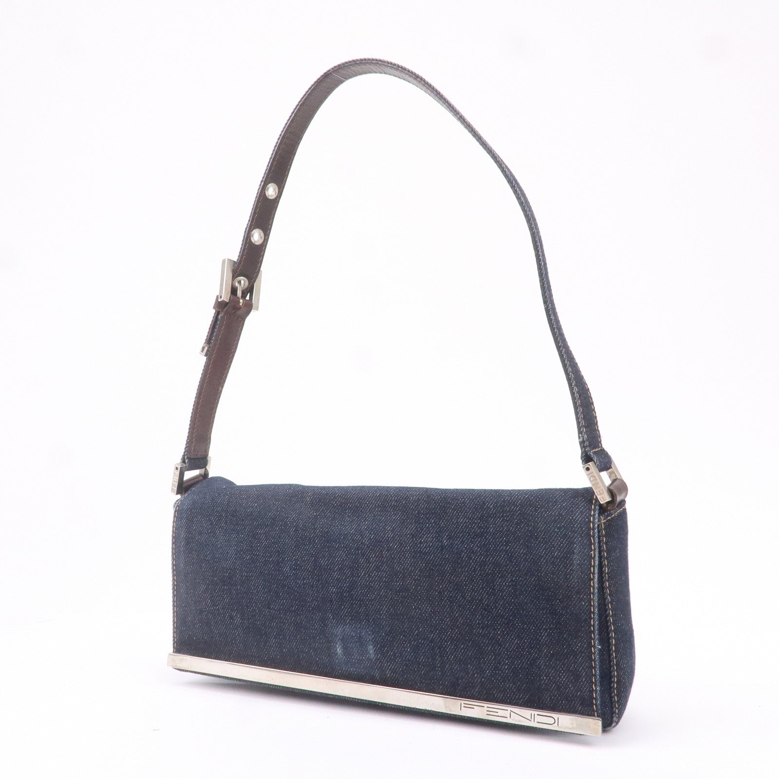 FENDI Denim Leather Shoulder Bag Hand Bag Navy Brown 26640