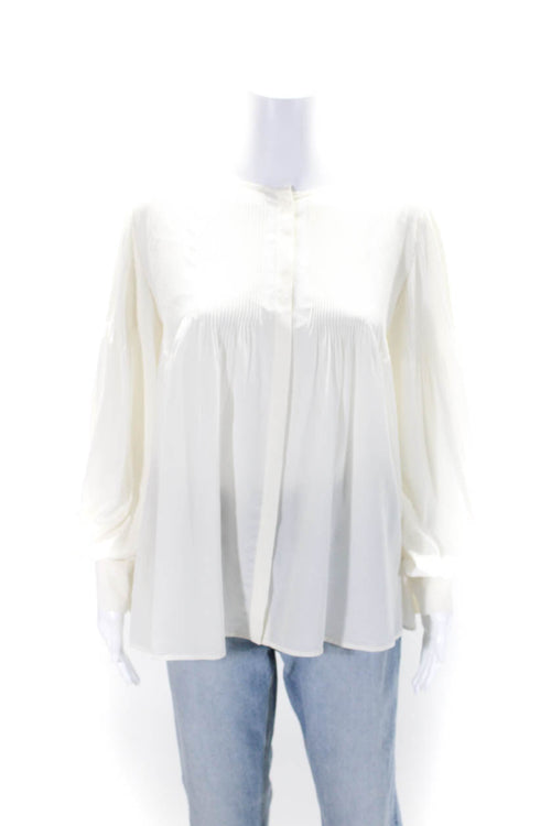 Chloe Womens Button Front Long Sleeve Crew Neck Silk Shirt White