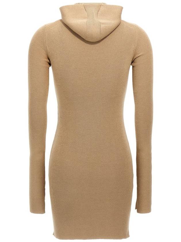 Fendi Long Sleeve Hooded Wool Silk Short Dress Beige