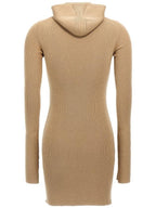 Fendi Long Sleeve Hooded Wool Silk Short Dress Beige