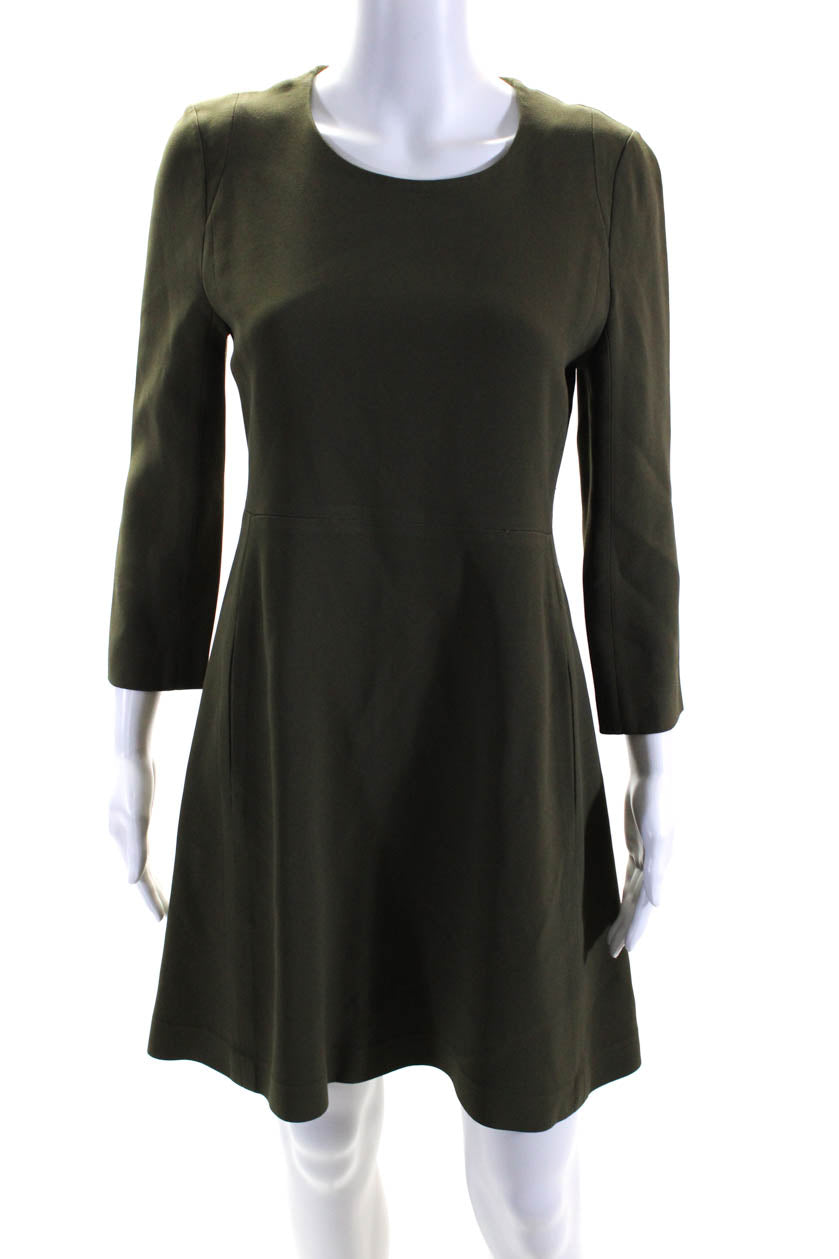 Chloe Womens Long Sleeved Round Neck A Line Short Dress Olive Green