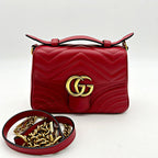 GUCCI Calfskin Matelasse Mini GG Marmont Top Handle Shoulder Bag Hibiscus Red LA24179