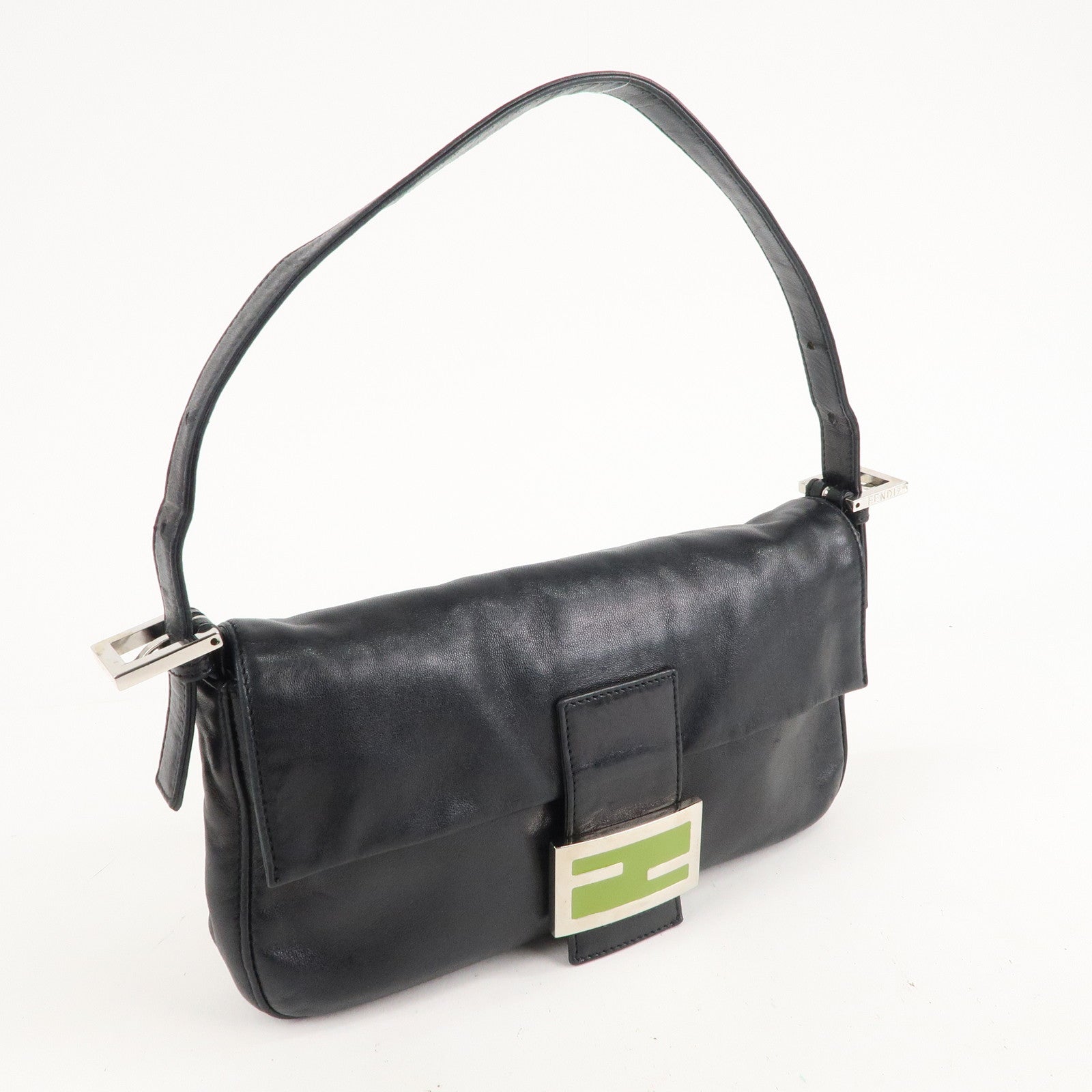 FENDI Mamma Baguette Leather Hand Bag Shoulder Bag Black Green