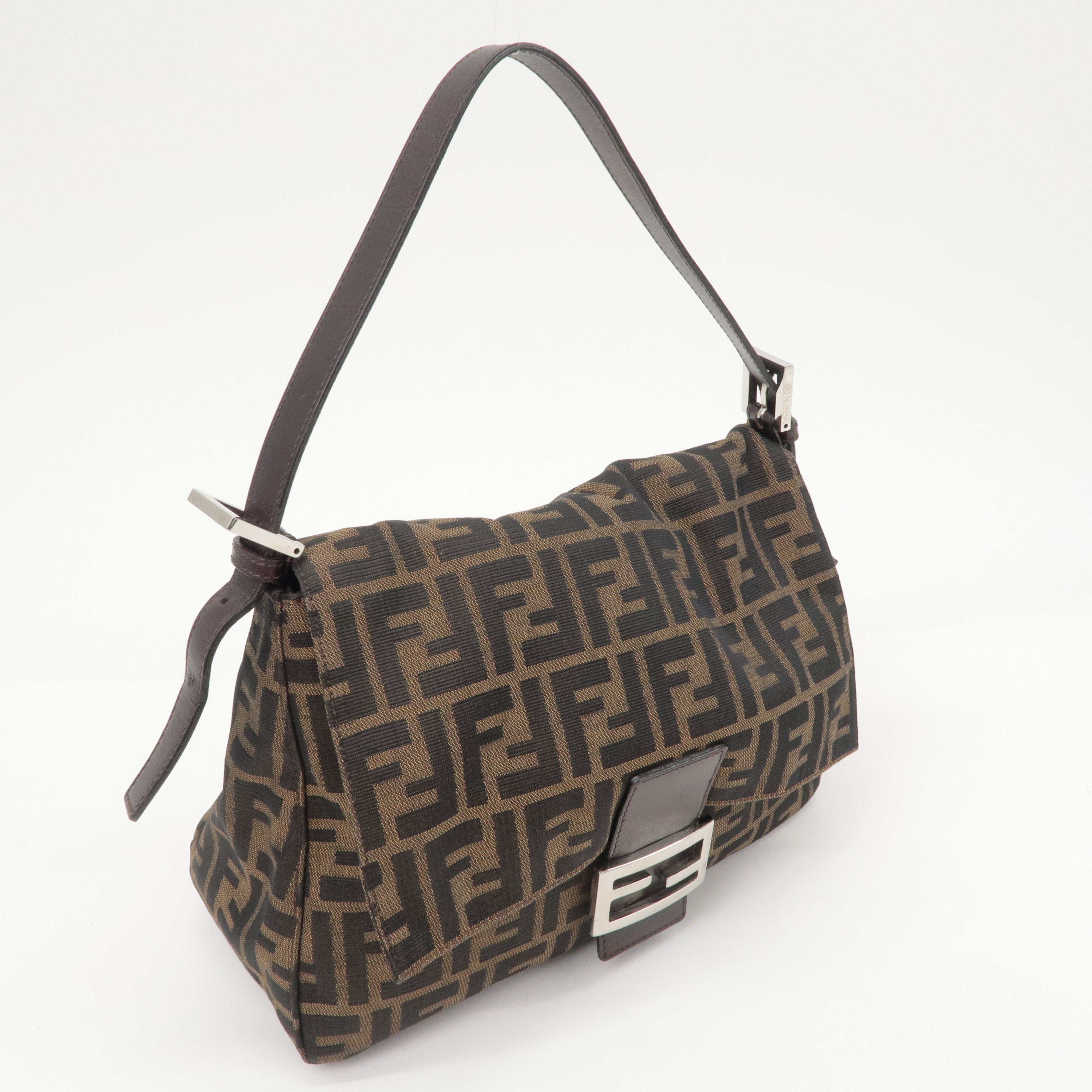 FENDI Mamma Baguette Zucca Canvas Leather Shoulder Bag Brown
