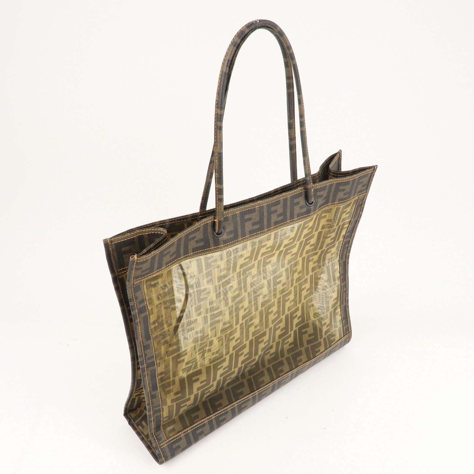 FENDI Zucca Mesh PVC Tote Bag Brown Black 8BH184