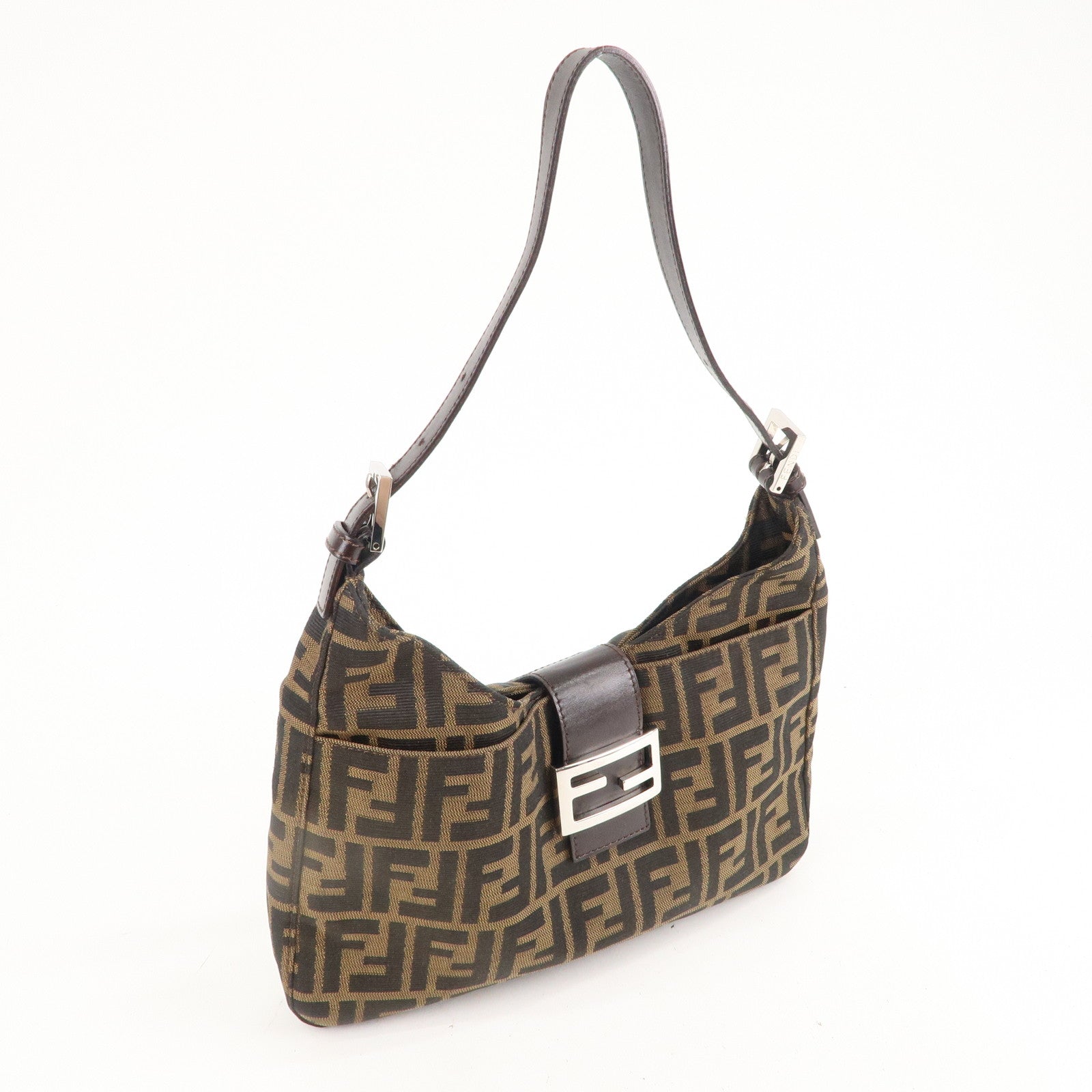 FENDI Zucca Canvas Leather Shoulder Bag Brown Black 26569