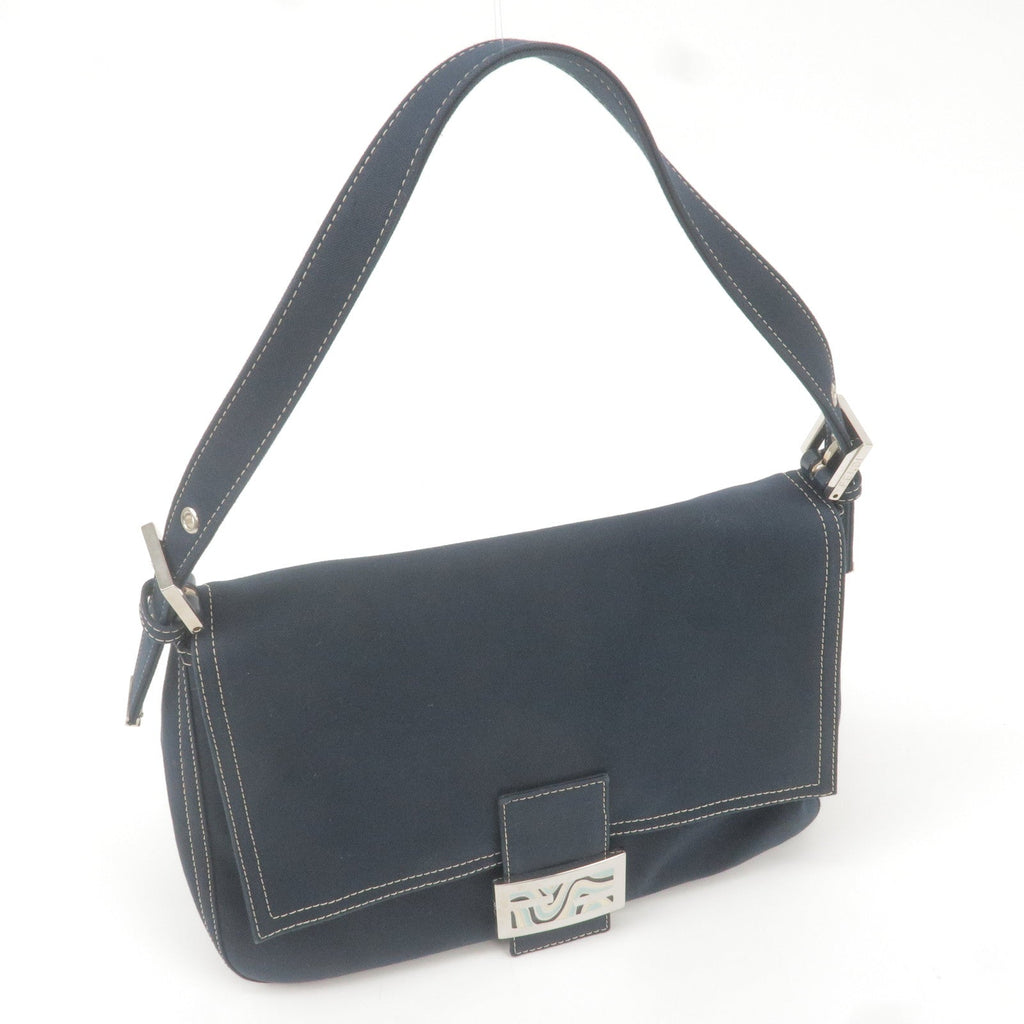 FENDI Mamma Baguette Canvas Leather Shoulder Bag Navy 26325