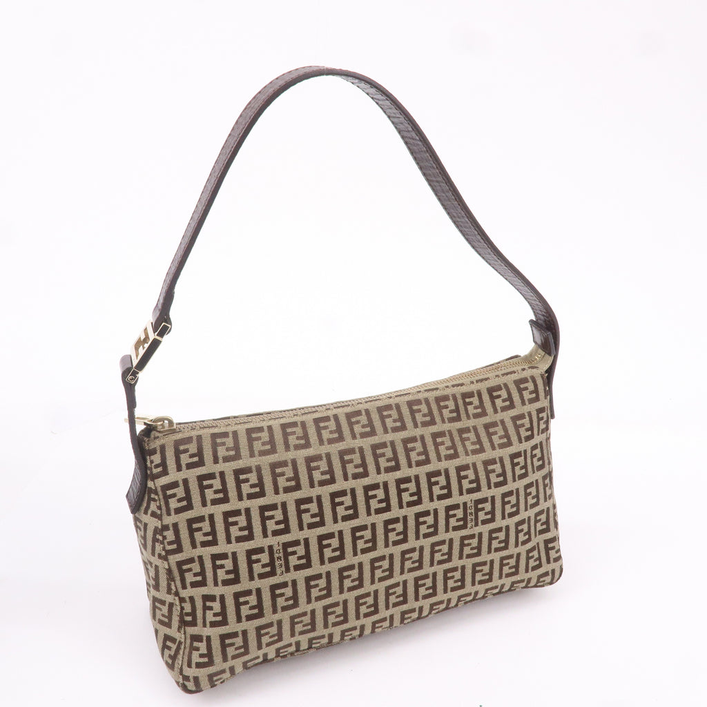 FENDI Zucchino Canvas Leather Shoulder Bag Beige Brown 8BR444
