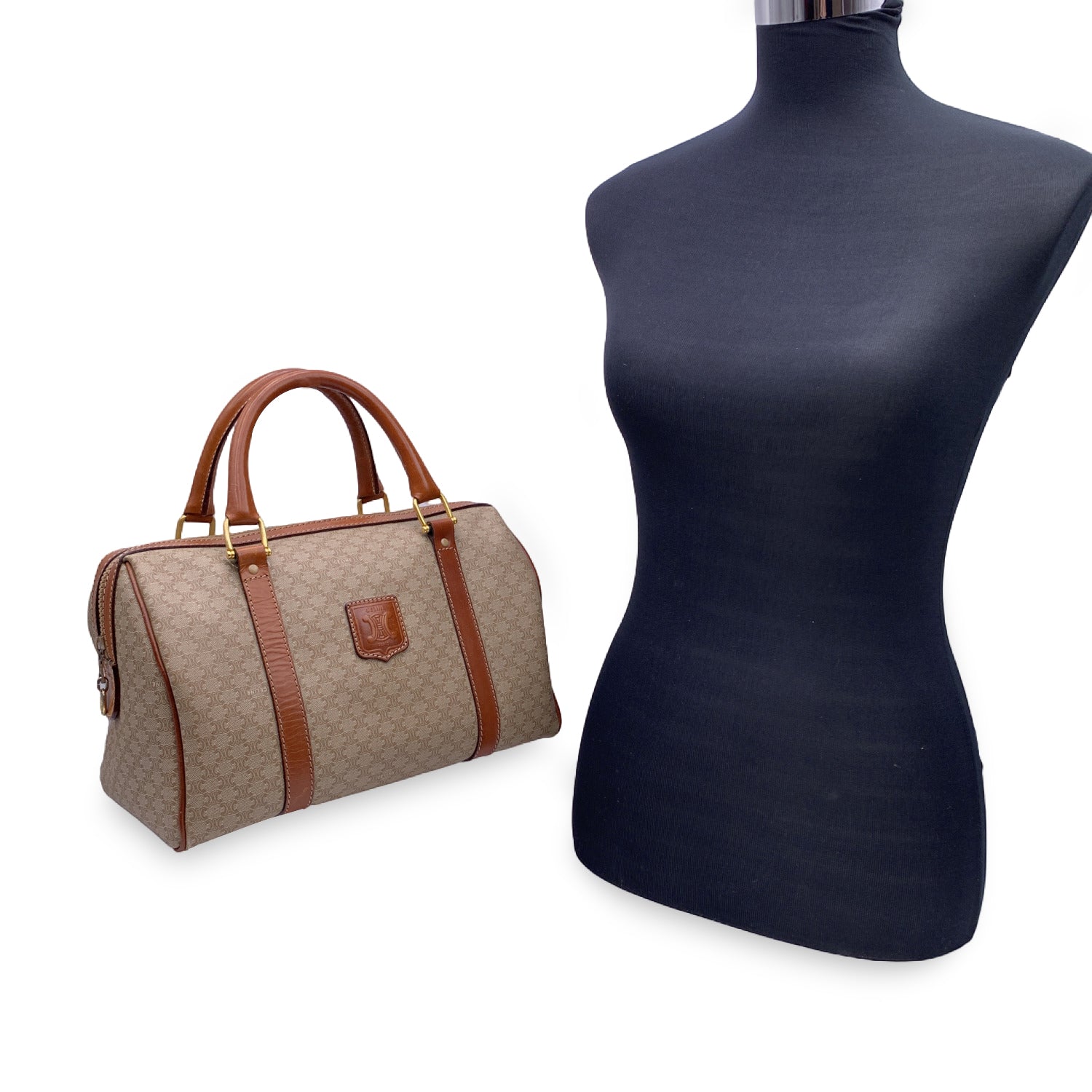 CELINE Vintage Beige Macadam Canvas Duffel Duffle Boston Bag