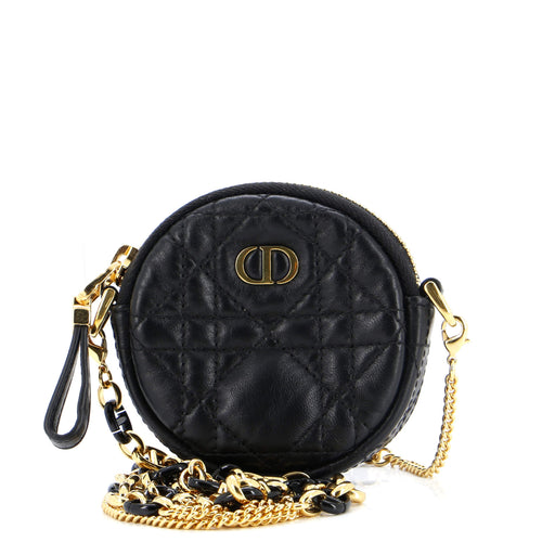 Dior Caro Round Pouch with Chain Cannage Quilt Leather Mini