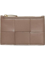Bottega Veneta Intrecciato Zipper Card Wallet Taupe Grey