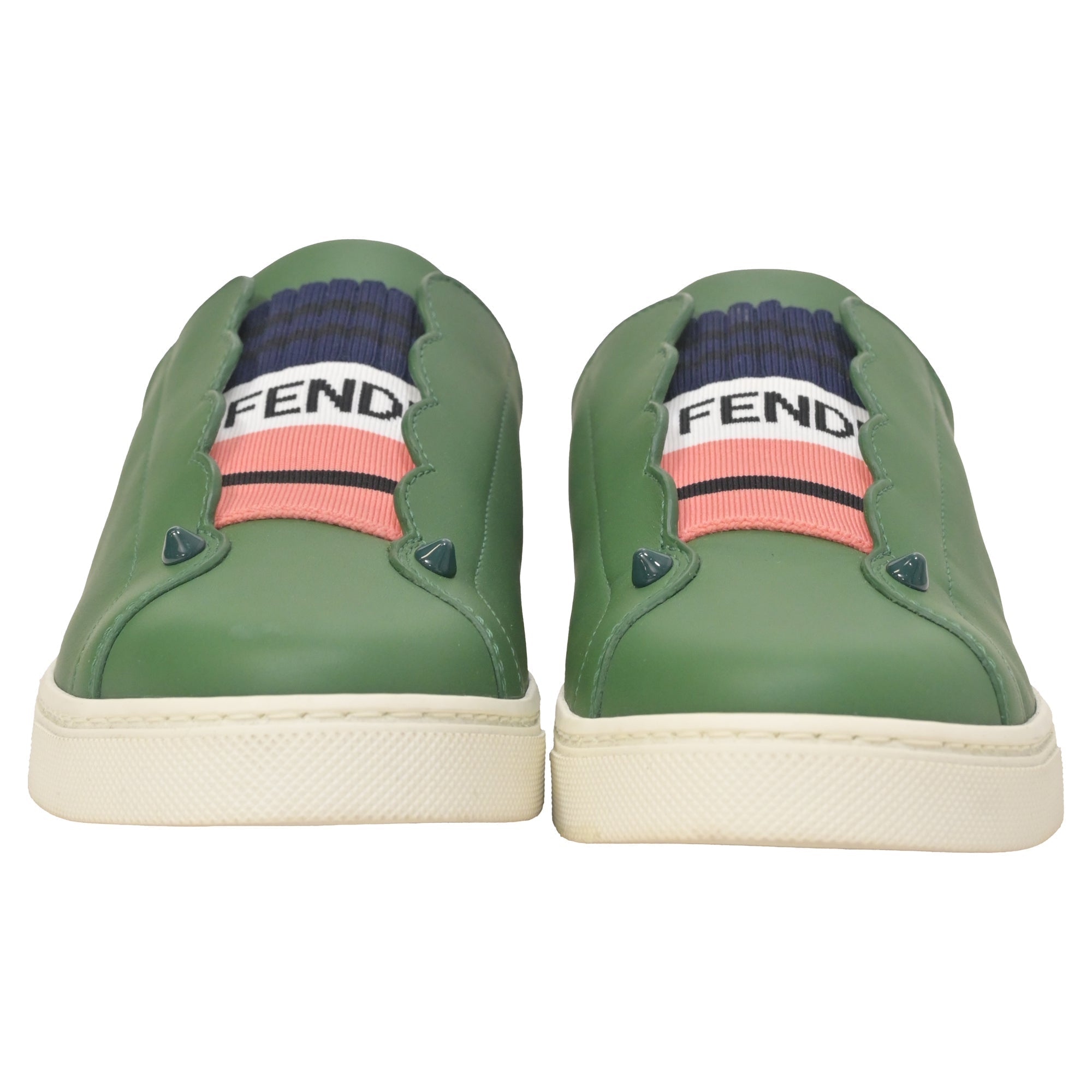Fendi Vitello Lurex Rockoclick Slip-On Sneakers in Olive Green Leather