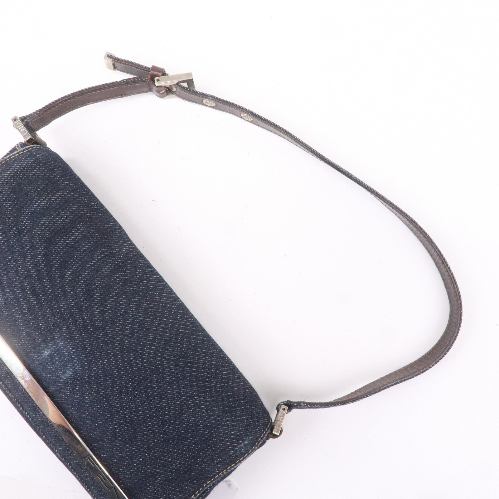 FENDI Denim Leather Shoulder Bag Hand Bag Navy Brown 26640