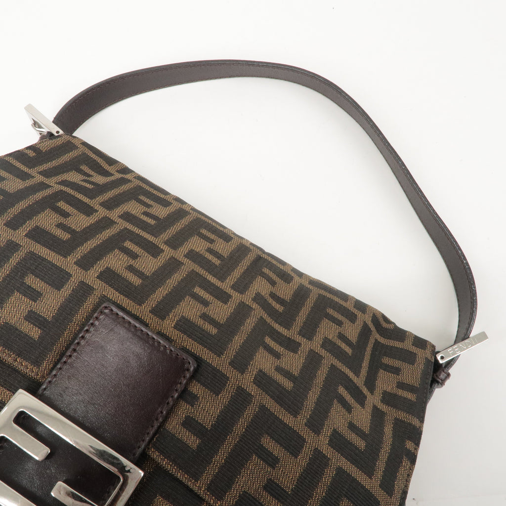 FENDI Mamma Baguette Zucca Canvas Leather Shoulder Bag Brown