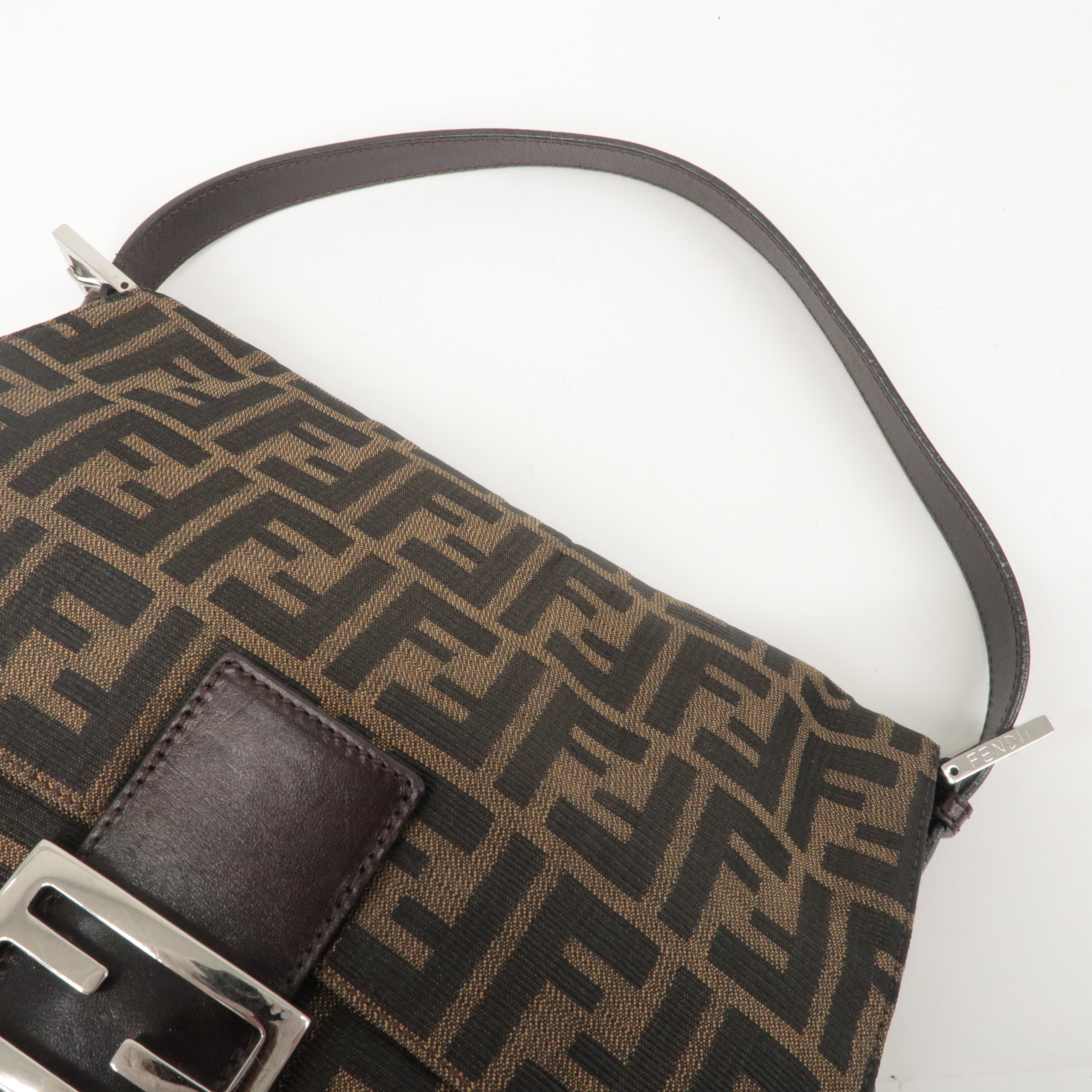 FENDI Mamma Baguette Zucca Canvas Leather Shoulder Bag Brown