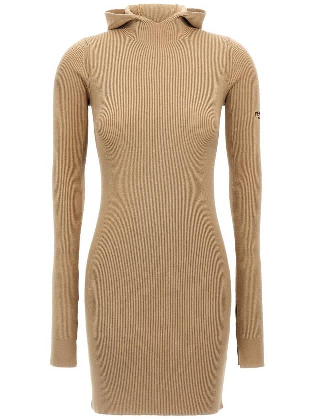 Fendi Long Sleeve Hooded Wool Silk Short Dress Beige