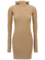 Fendi Long Sleeve Hooded Wool Silk Short Dress Beige